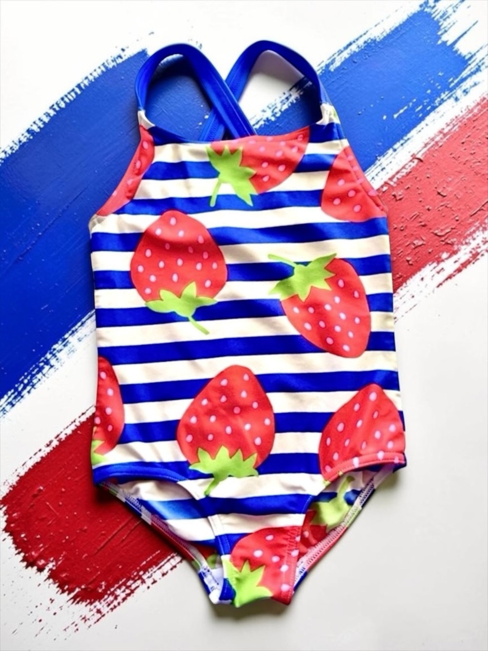 Mini Boden Girls Strawberry Swimsuit • Blue Stripe • 110 (4–5Y)